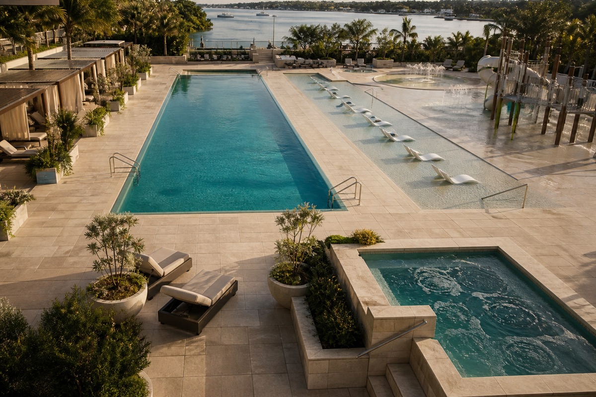 Hotel aquatic deck with a long pool, raised spa, and cabanas.