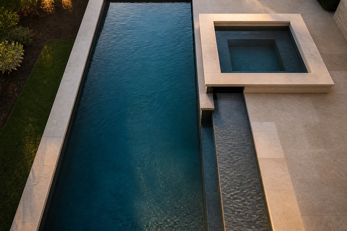 Overhead view of a residential pool and raised spa on two water levels.