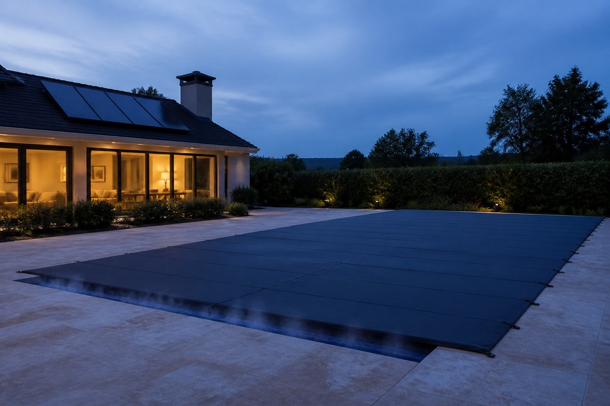 Pool closed under an automatic cover at dusk beside a low roof of solar thermal panels.