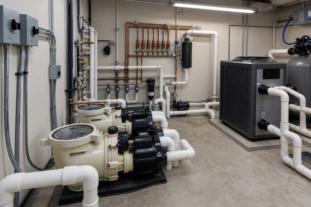 Pool equipment room with pumps, heat pump, and labeled manifolds.