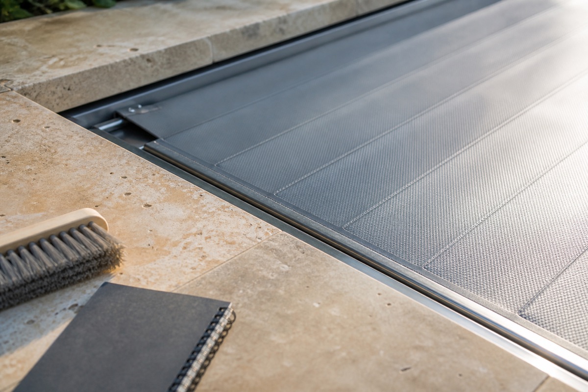 Automatic cover fabric seated in a stainless track, ready for inspection.