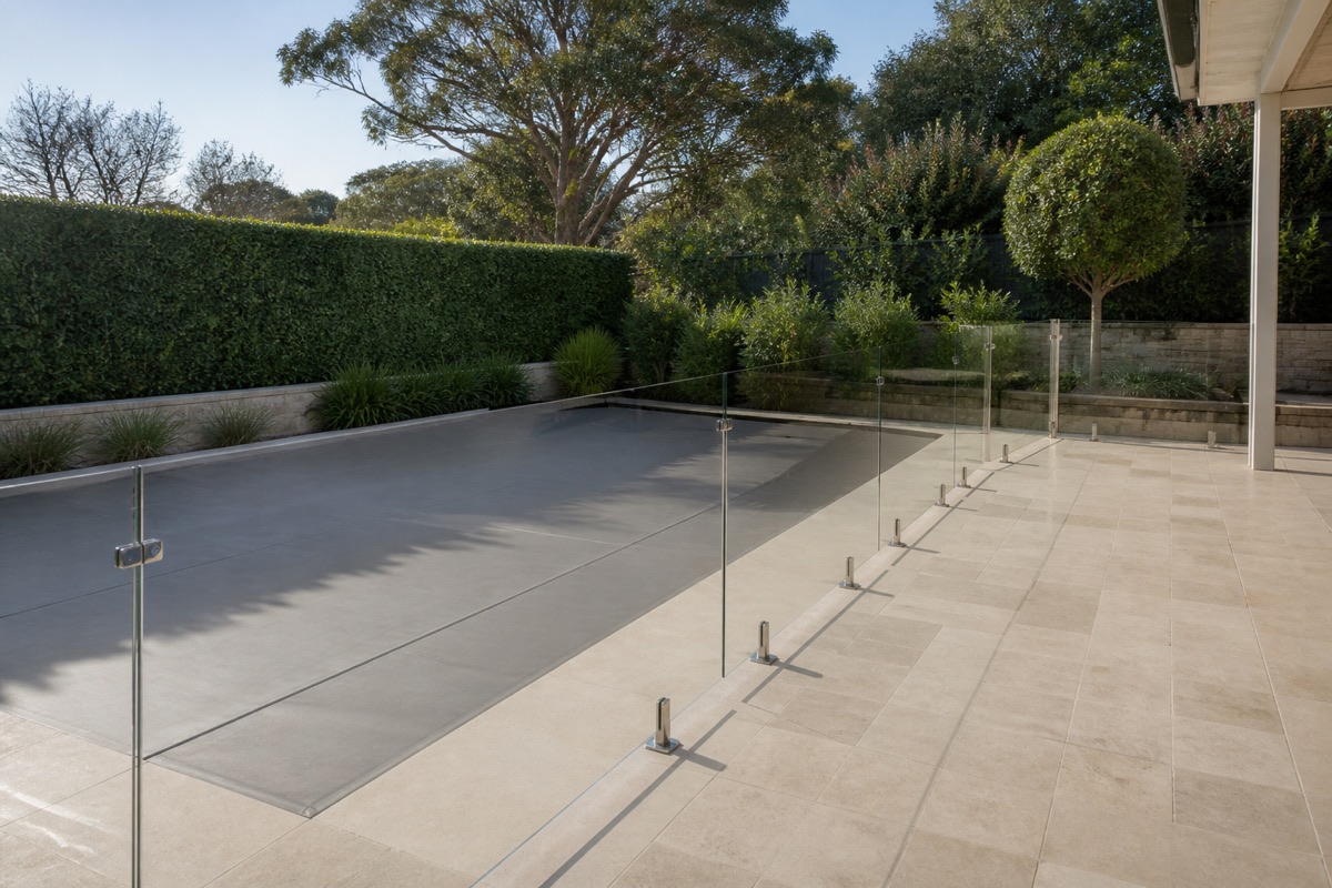 Backyard pool behind a glass barrier with the water closed under a cover.