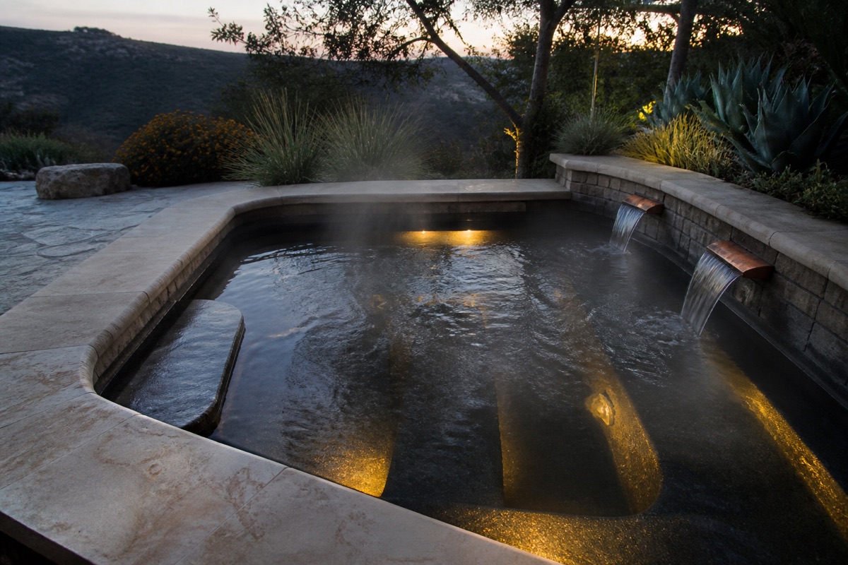 Outdoor built-in spa with stone benches and coping at dusk.